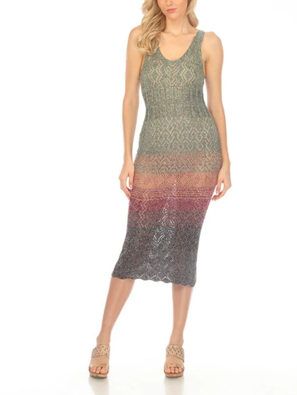 Crochet Knit Ombre Gradient Bodycon Midi Dress Striped Festival Boho Size S/M